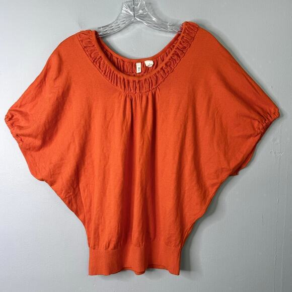 Anthro Moth Pullover Dolman Batwing Orange Silk Blend Short Sleeve Sweater Sz M - Picture 8 of 11